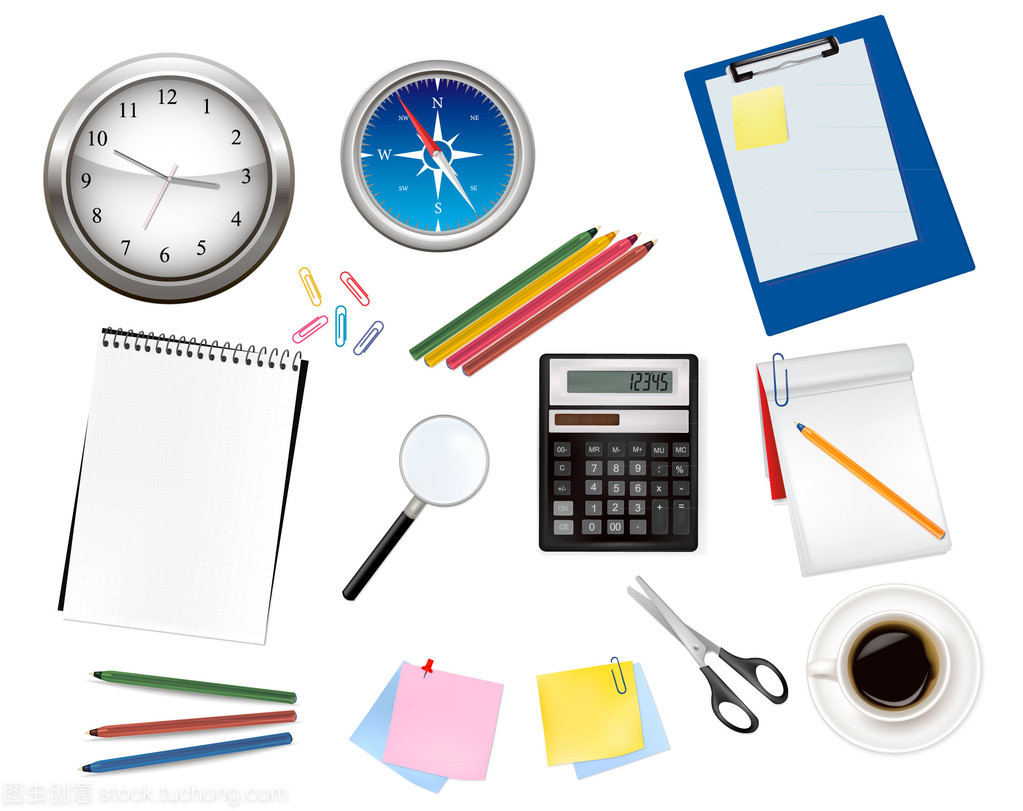现代办公的得力助手 计算器与办公用品的矢量设计